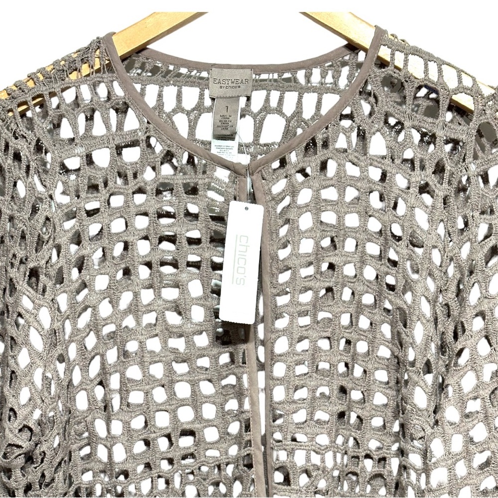 Chico’s Easywear Crochet Lace Long Sleeve Texas Taupe Cotton Cardigan Jacket NWT - Picture 14 of 16